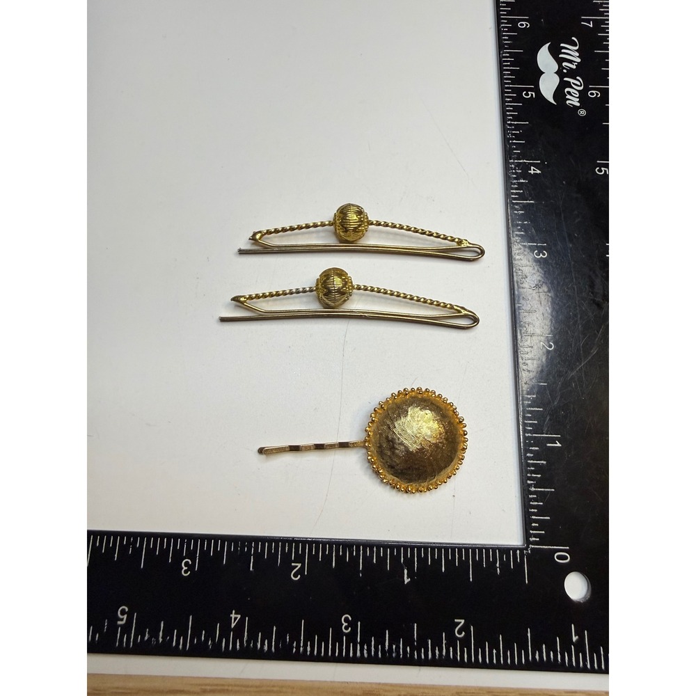 Gold Tone Textured Bobby Pin Hair Clip Set 3pc Round Bead Detail Metallic Finish